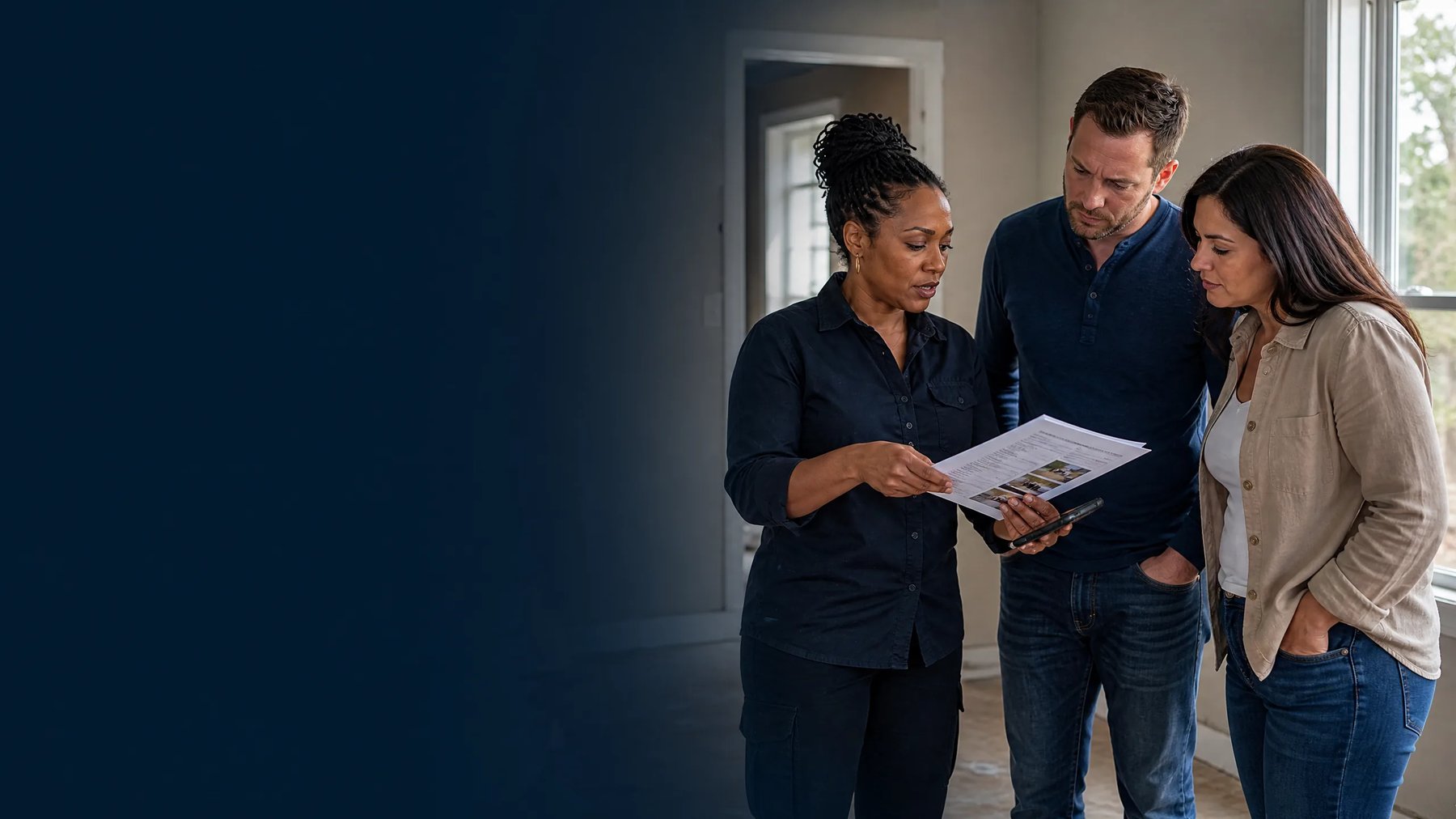 A licensed professional reviewing documents with clients