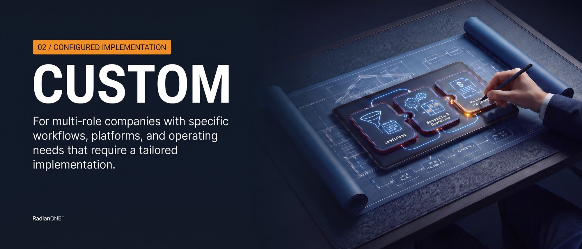 RadianONE Custom plan — a tailored, configured implementation for multi-role companies with specific workflows and platforms